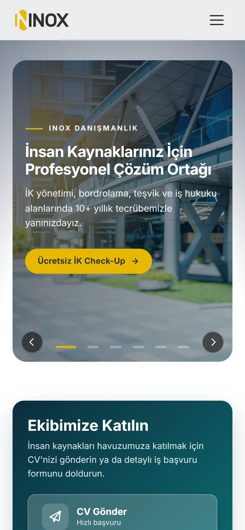 Inox Danışmanlık web sitesi, mobil ana sayfa