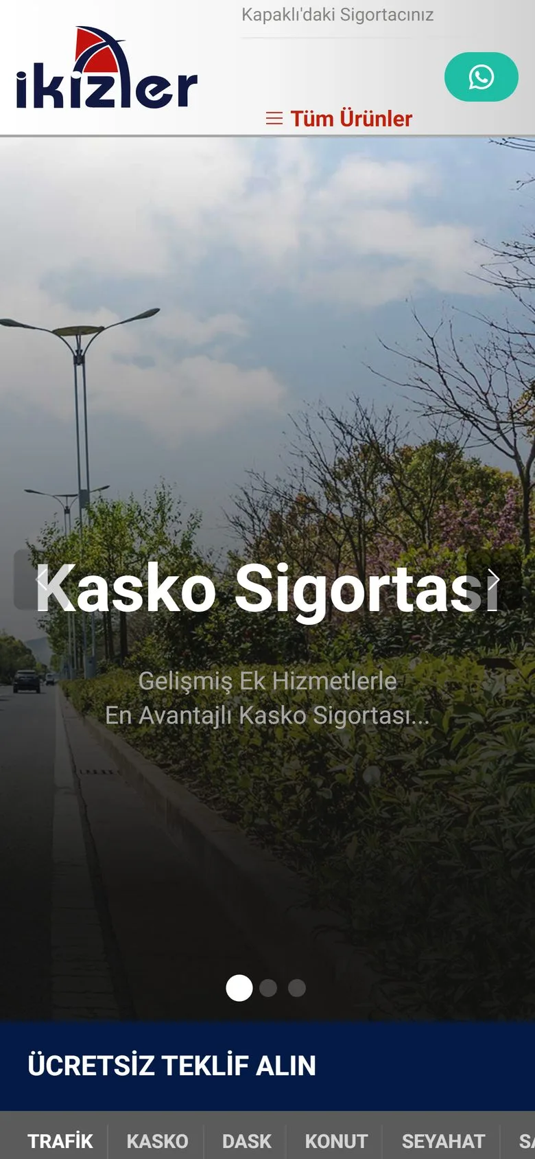 İkizler Sigorta web sitesi, mobil ana sayfa