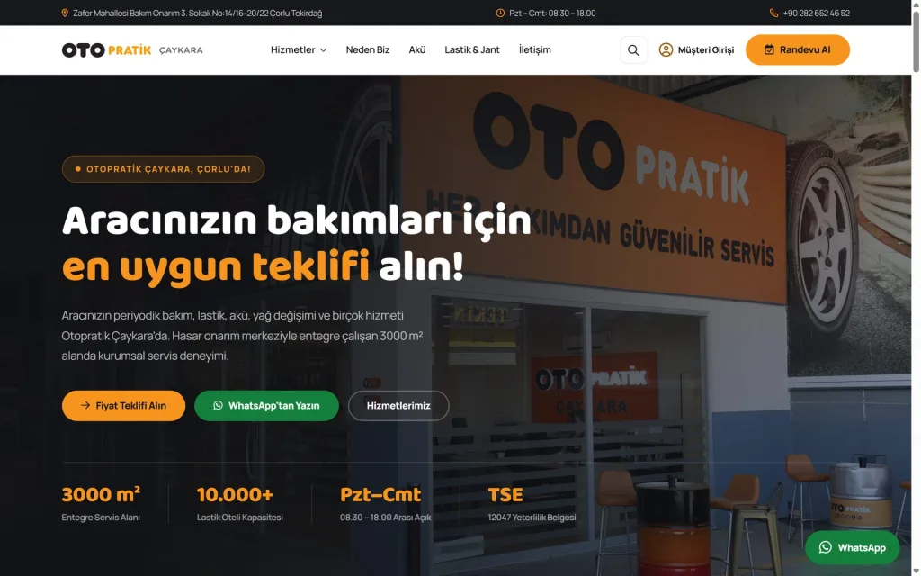 Otopratik Çaykara web sitesi, masaüstü ana sayfa