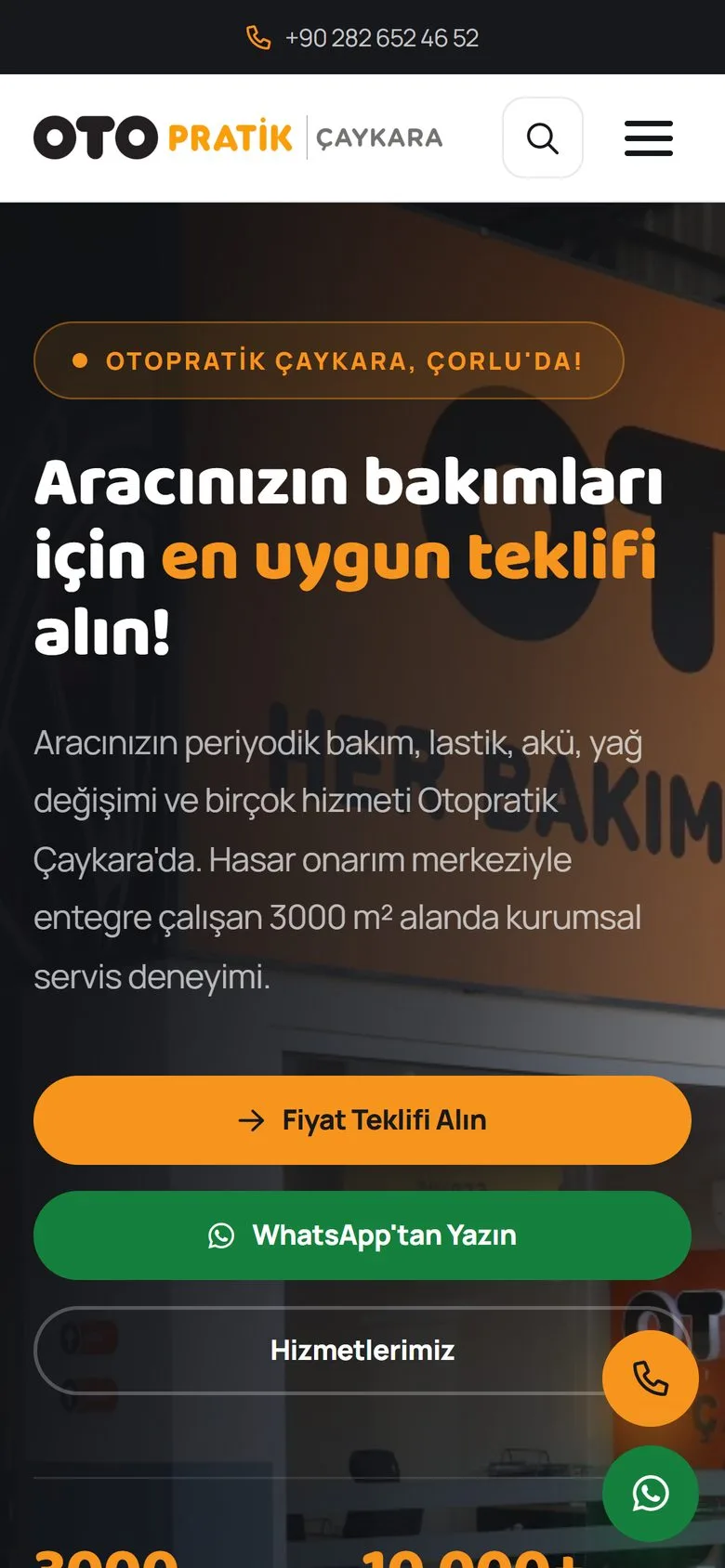 Otopratik Çaykara web sitesi, mobil ana sayfa