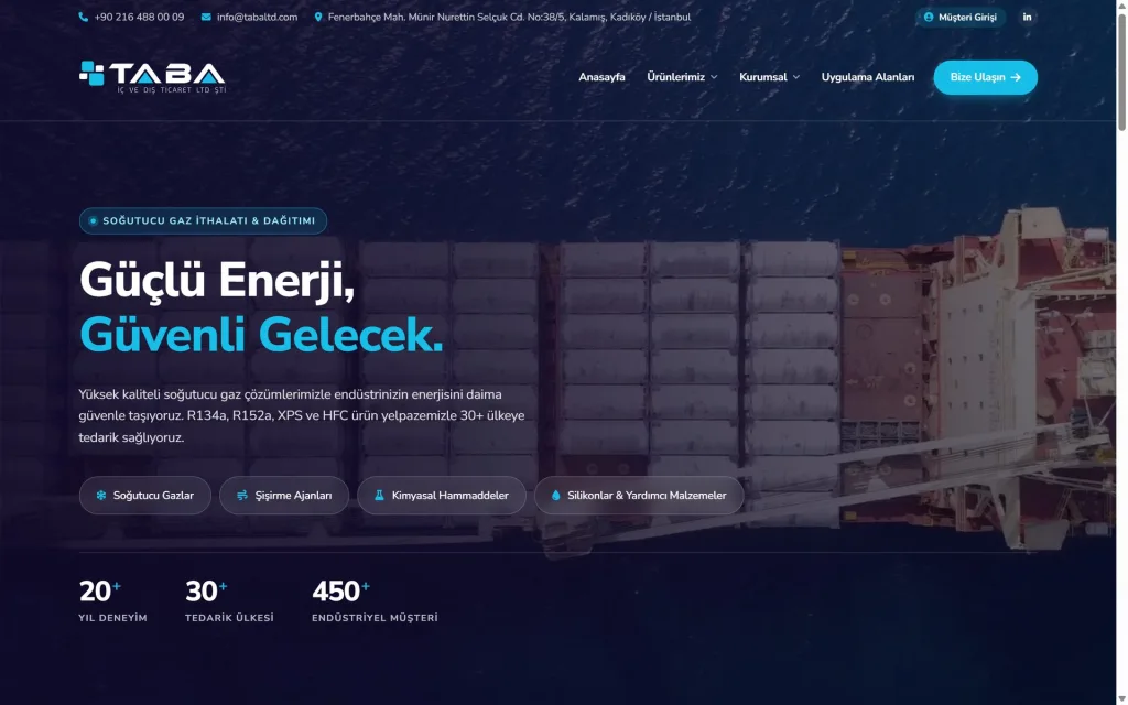 Taba Dış Ticaret web sitesi, masaüstü ana sayfa