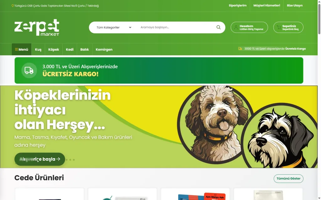 Zer Pet Market web sitesi, masaüstü ana sayfa