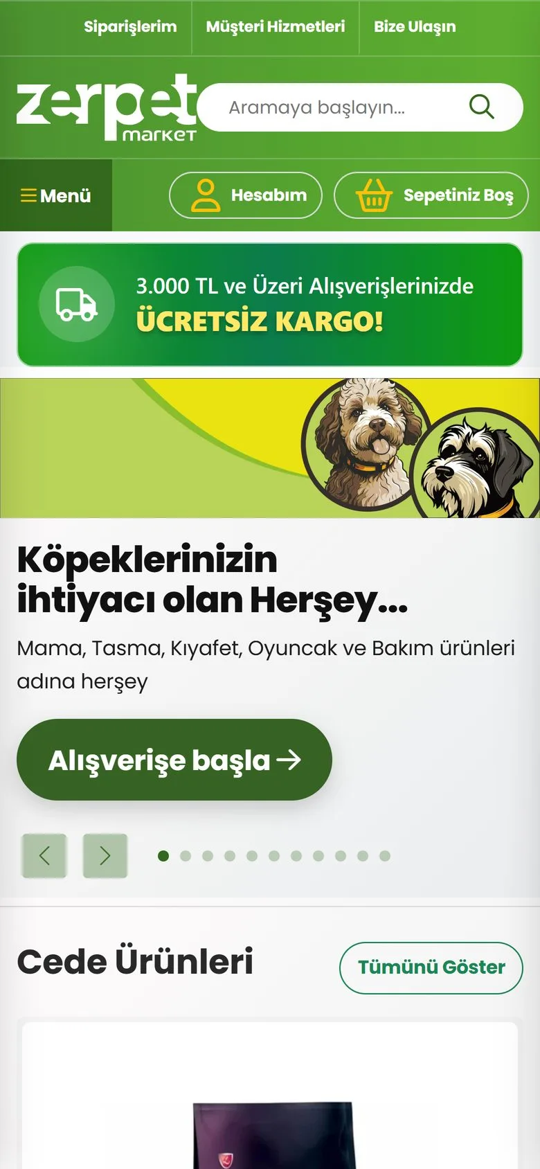 Zer Pet Market web sitesi, mobil ana sayfa